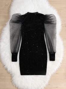 SHEIN Vestido casual justo com contraste de malha e manga gigot para meninas pré-adolescentes, macio e confortável