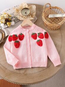 SHEIN Cute Young Girl Strawberry Pattern Raglan Sleeve Cardigan Sweater - Pink - View 1