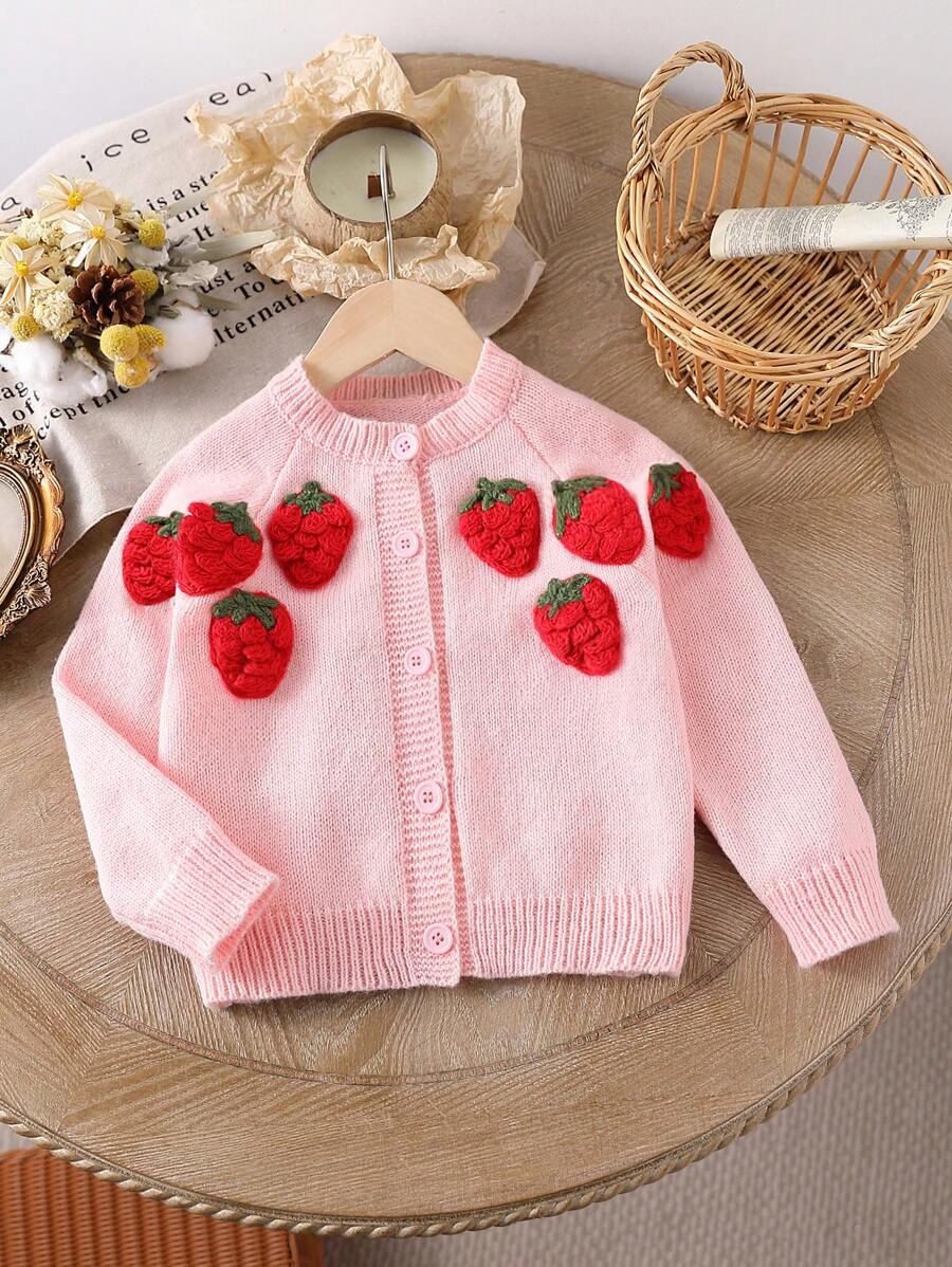 SHEIN Cute Young Girl Strawberry Pattern Raglan Sleeve Cardigan Sweater - Pink - View 1