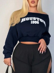 SHEIN SXY 大码冬春露肩字母印花女式短款运动衫 - 寶藍色 - 查看 7