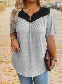 SHEIN LUNE Áo thun tay ngắn màu tương phản cổ chữ V mùa hè cỡ lớn cho nữ - Xám - Xem 4