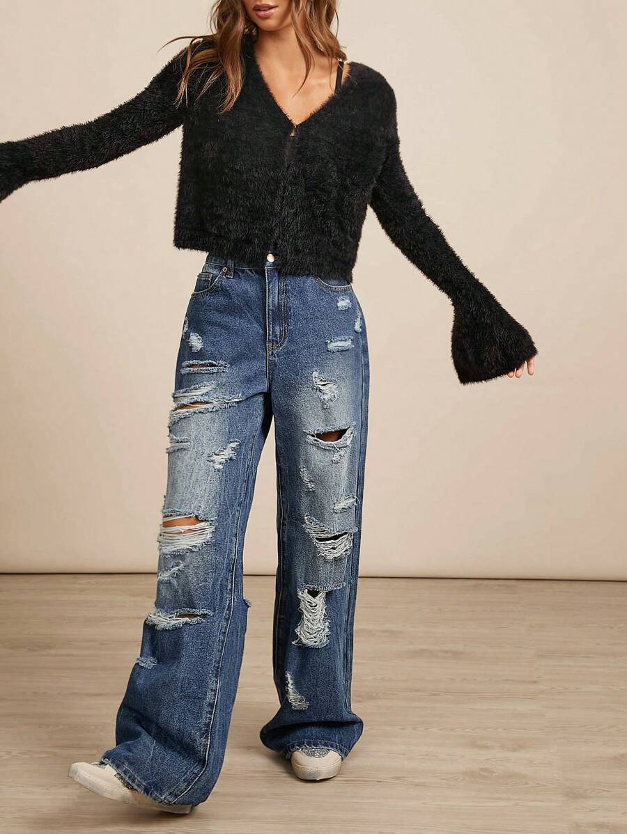 Premium 91% Cotton Denim Ripped High Rise Baggy Wide Leg Jeans - Dark Wash - View 1