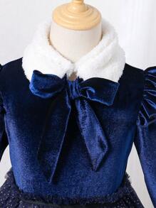 Young Girls Solid Color Patchwork Long Sleeve Ruffle Hem Dress - Royal Blue - View 3