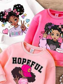 SHEIN 3pcs/Set Cute/Cool/Black/Baby Girl Thick Thermal Lined Graphic Print Long Sleeve Sweatshirt Set, White+Pink+Peach, For Autumn/Winter