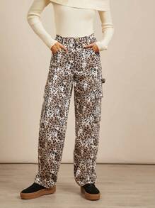 WESTFADE Pantalones de carga casuales de mezclilla de algodón 98% premium con estampado de leopardo