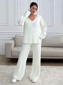 EURMUSE Women V-Neck OverSize Sweater And Knit Pant Set - White - View 3