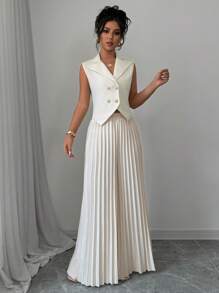 Selianne Solid Vest Blazer & Pleated Wide Leg Pants - Apricot - View 3