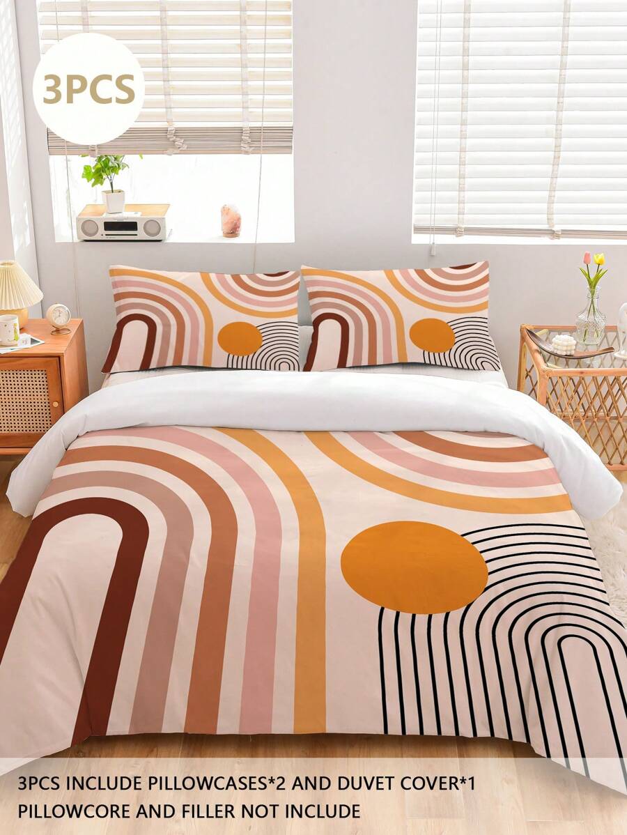 3pcs Geometric Pattern Duvet Cover Set, Comfortable Bedding Set Including 1 Duvet Cover And 2 Pillowcases, Made Of Skin-Friendly 100% Polyester Fabric, Suitable For Bedroom, Dorm, Or Travel - Multicolor - View 1
