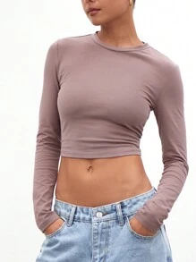 MUSERA ESSENTIALS Long Sleeve Crew Neck Fitted Top Casual Summer - Brown - View 4