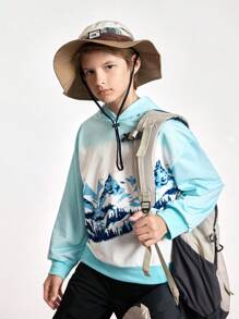 SHEIN Sudadera con capucha de manga larga con estampado digital, informal y para deportes al aire libre, para niño preadolescente, otoño/invierno