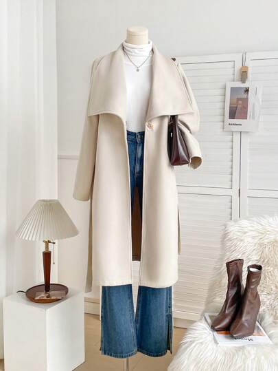 SHEIN LUNE 2024 Fall & Winter New Solid Color Large Lapel Design Tie Waist Slimming Stylish Coat For Women,Casual