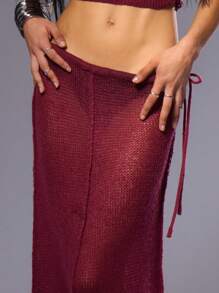 MUSERA Distressed Knit Maxi Skirt - Burgundy - View 5