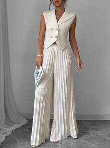 Selianne Solid Vest Blazer & Pleated Wide Leg Pants - Apricot - View 6