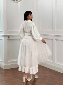 Flirla Đầm sơ mi dài tay màu trơn cỡ lớn tay đèn lồng trong suốt dài đến đầu gối - trắng - Xem 2