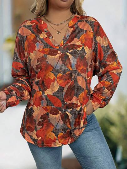 EMERY ROSE Plus Size Women Leaf Print V-Neck Long Sleeve Casual Top, Spring Autumn Fall