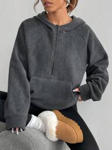 SHEIN Unity Autumn Winter Casual Textured Fabric Zipper Hoodie Pullover Fall Outfit - Dark Grey - View 3