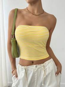 Flirla Parte superior corta tipo bandeau a rayas de verano para mujer - Amarillo - Ver 4