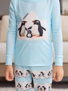 2 件装小男孩可爱企鹅家庭印花长袖 T 恤和裤子贴身睡衣套装 - 淺藍色 - 查看 8