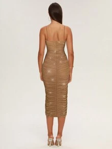 闪光亮片褶皱女士连衣裙生日婚礼派对无袖网眼长款节日连衣裙