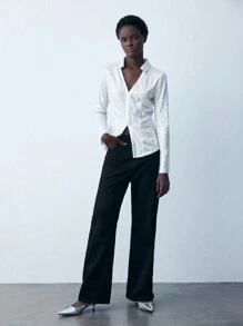 Maija 女式白色收腰纯色长袖休闲衬衫，配亮片装饰 - 銀色 - 查看 3