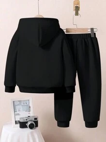 SHEIN Leap Crew 2 件套“GOAT，史上最伟大”和“年轻男孩”宽松休闲连帽衫，面料较厚，适合秋冬季 - 黑色 - 查看 3