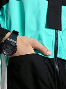 SHEIN 2 件套青少年男孩时尚运动风衣连帽衫夹克和裤子，带字母和徽标印花色块设计，休闲户外街头装