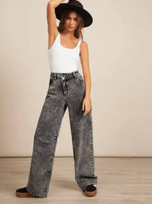 WESTFADE Premium 91% Cotton Denim Crossover Mid Rise Baggy Straight Leg Jeans - Black - View 3