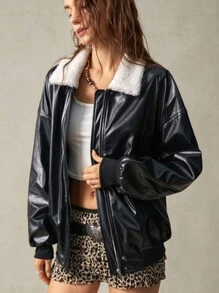 Bohemela 毛绒翻领 PU 皮革宽松女式夹克，长袖秋冬休闲波西米亚风 - 黑色 - 查看 7