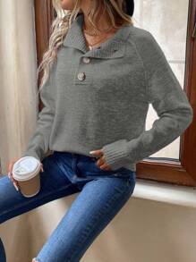SHEIN LUNE Solid Color Button Front Long Sleeve Minimalist Sweater, Casual Wear