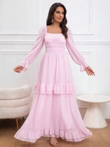 Eilly Bazar 女士春季褶皱蓬松长袖褶皱收腰长裙，情人节公主风，优雅场合礼服，新娘送礼会礼服婚纱，新娘