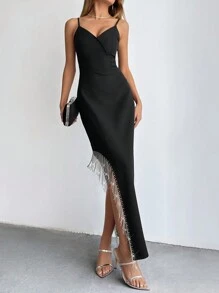 EURMUSE Rhinestone Fringe Trim Asymmetrical Hem Cami Dress - Black - View 1