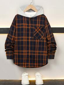 SHEIN Tween Boys Plaid Hooded Shirt, Suitable For Commuting, School, Casual, Collegiate Style, Sport, Autumn/Winter, Versatile - Royal Blue - View 3