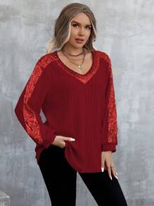 EMERY ROSE Camiseta casual de manga larga con cuello en V, efecto brillo y parches para mujer talla grande. Ideal para usar en la primavera, otoño y como atuendo para el Año Nuevo.