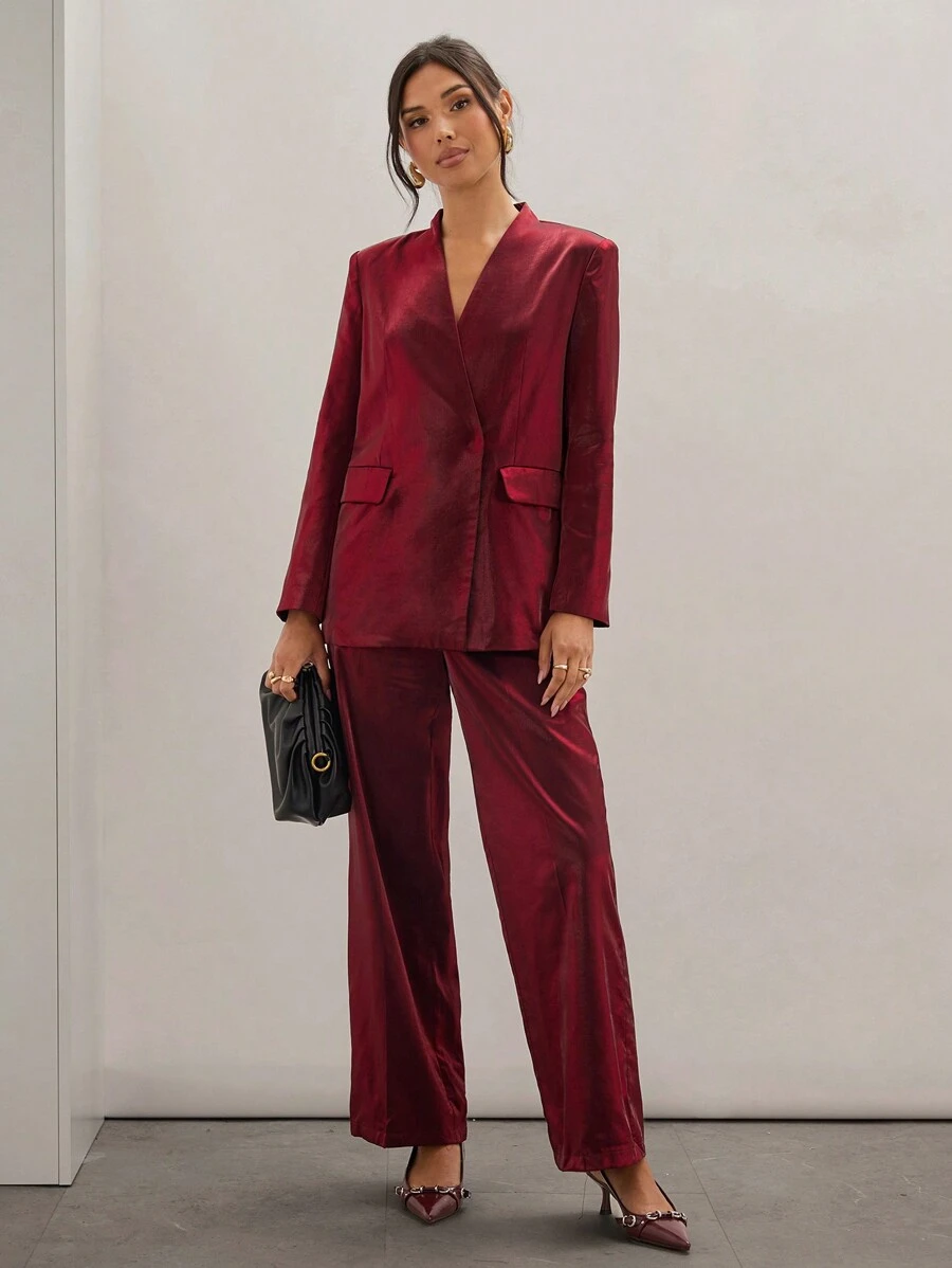 COSMINA Women's Spring/Fall Solid V-Neck Long Sleeve Jacket And Pants Elegant Suit Set - Burgundy - View 1