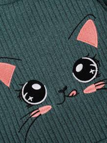 Baby Girls' Cartoon Cat Print Raglan Sleeve Ruffle Trim Top And Pants Casual 2pcs Set, Spring Fall - Dark Green - View 3