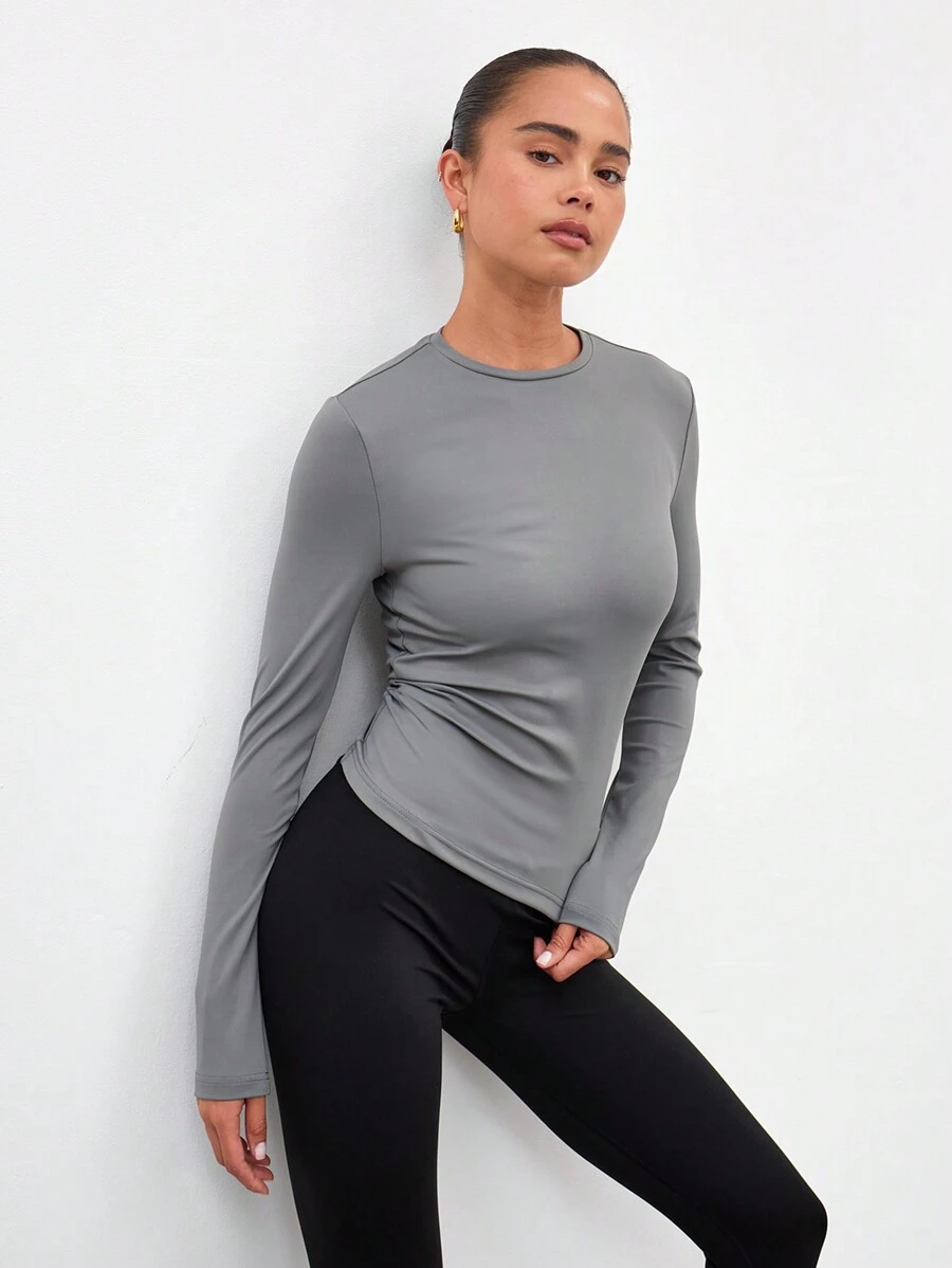 MUSERA ESSENTIALS Long Sleeve Snatched T-Shirt Vacation Spring Summer Fall - Dark Grey - View 1