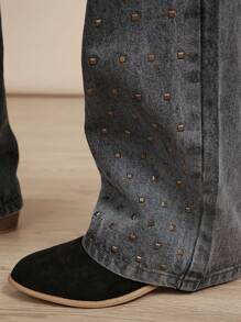 WESTFADE Premium 91% Cotton Denim Studded Western Mid Rise Straight Leg Jeans - Black - View 2