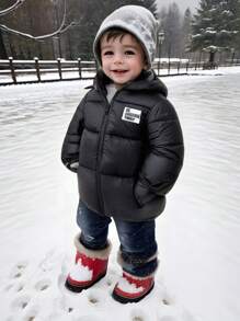 SHEIN Áo khoác độn có mũ trùm đầu màu trơn dày lót nhiệt cho bé trai có miếng vá thêu, mùa thu và mùa đông - Nhiều màu - Xem 1