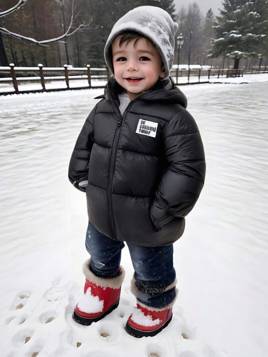 SHEIN Áo khoác độn có mũ trùm đầu màu trơn dày lót nhiệt cho bé trai có miếng vá thêu, mùa thu và mùa đông - Nhiều màu - Xem 1