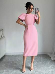 Elenzga Vestido elegante de mujer de unicolor con cuello redondo, manga corta abullonada y ajustado hasta la mitad del muslo, conjunto de mujer de verano maxivestido