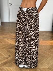 SHEIN EZwear Quần ống rộng dệt kim họa tiết da báo cho nữ - Nhiều màu - Xem 5