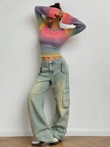 SHEIN Unity 女士渐变色圆领长袖休闲毛衣，秋冬，长袖上衣