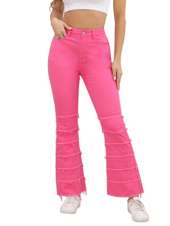 Women's Solid Color Front Button Pocket Casual Stretchy Denim Pants