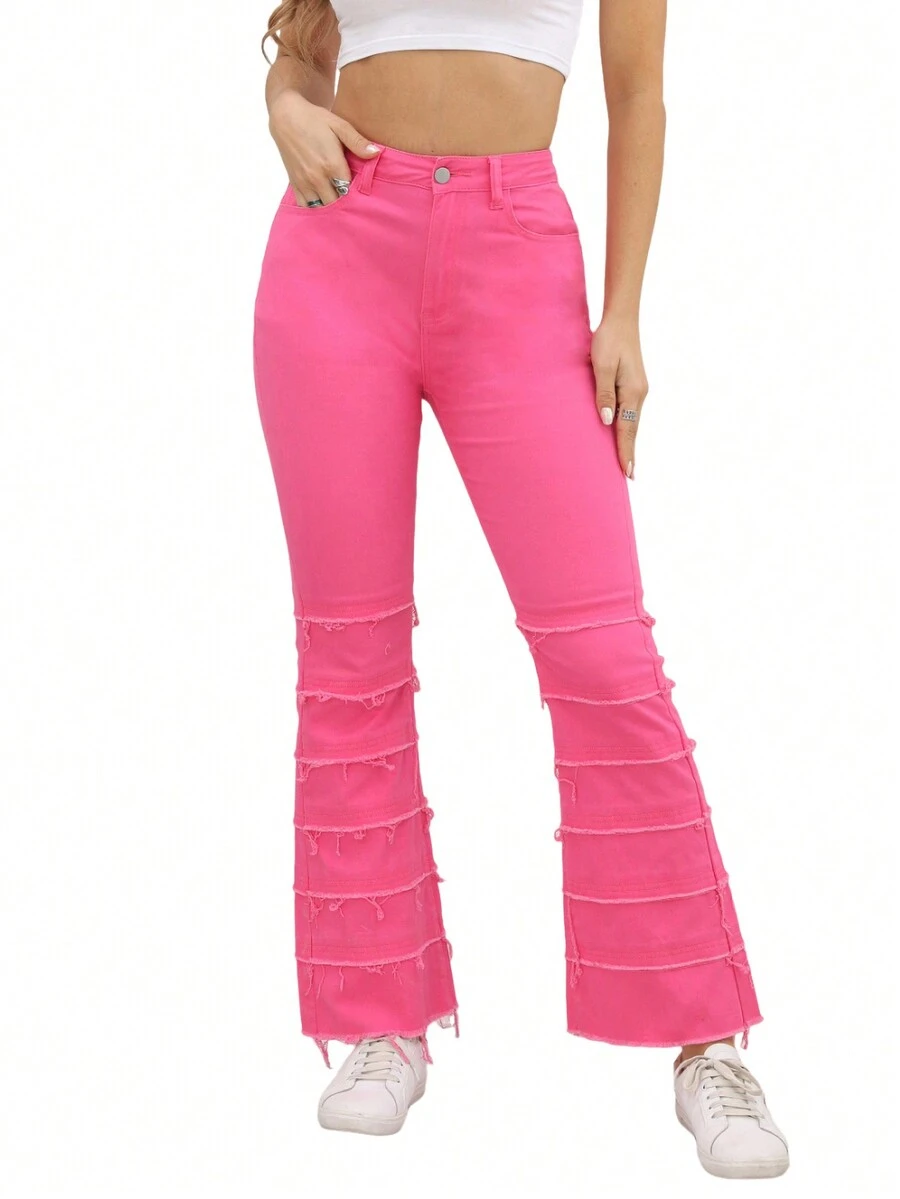 Women's Solid Color Front Button Pocket Casual Stretchy Denim Pants - Hot Pink - View 1