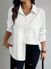 EMERY ROSE 大码纯色前扣长袖休闲衬衫 - 白色 - 查看 2