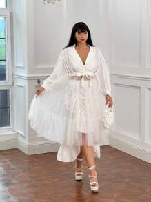 Flirla Đầm sơ mi dài tay màu trơn cỡ lớn tay đèn lồng trong suốt dài đến đầu gối - trắng - Xem 3