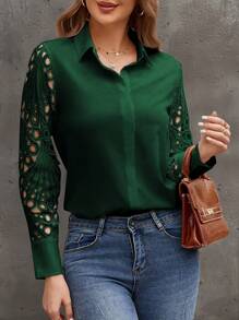 Plain Color Lace Patchwork Design Casual Shirt - Green - View 1