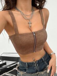 SHEIN EZwear 女士秋冬复古 & Y2K 扎染皮革棕色吊带背心短款文胸上衣 - 棕色 - 查看 3