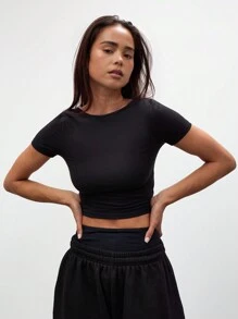 MUSERA ESSENTIALS Round Neck Backless Crop Top Casual Summer - Black - View 1
