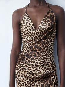 Maija Váy hở lưng họa tiết động vật có dây buộc cổ dành cho nữ, đi nghỉ - Màu Khaki - Xem 6